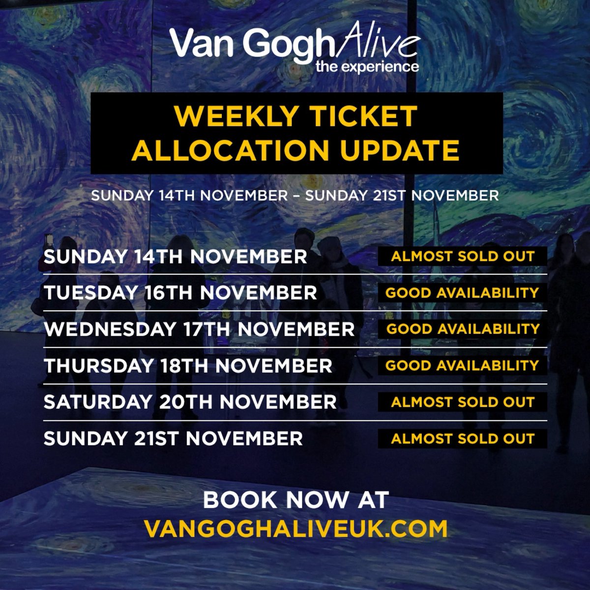 🌻 THIS WEEK AT VAN GOGH ALIVE 🌻

Tickets are selling fast! Don’t miss your chance to experience this spectacular immersive exhibition right in the heart of @mediacityuk ✨

Visit VanGoghAliveUK.com to book tickets 🎟