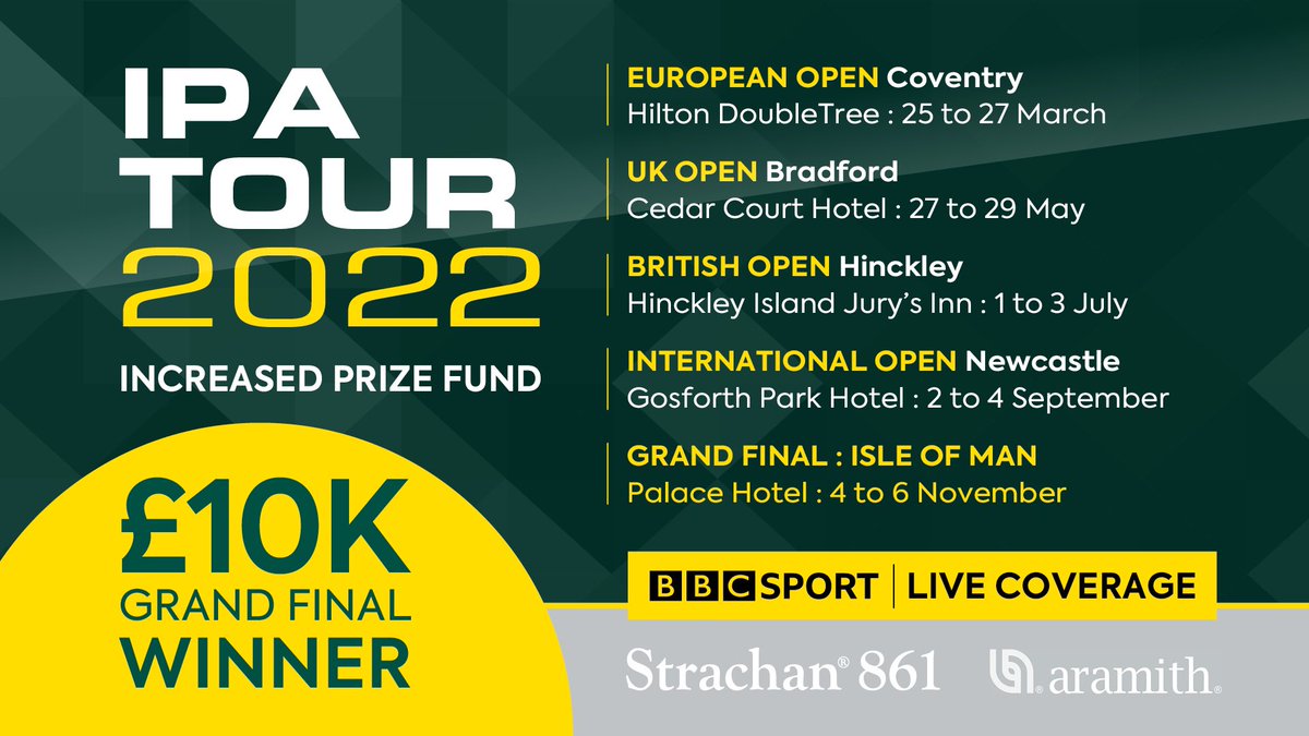IPAPool's tweet photo. Places now being snapped up for the best ever version of the IPA Tour. With confirmed dates and venues and a 60% increase on the 2021 prize money, plus BBC coverage, there is simply no better, more enjoyable place to be.
https://t.co/T6O51XpJDe

IPA-Successful Secure Sustainable https://t.co/C9Fz3x19Yv