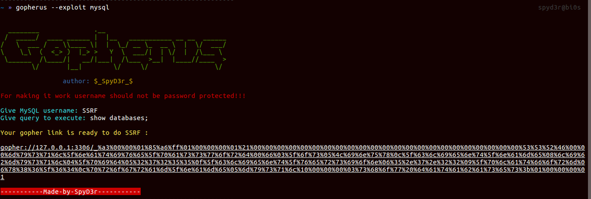 CyberWarship's tweet photo. Gopherus

If you know a place which is SSRF vulnerable then, this tool will help you to generate Gopher payload for exploiting SSRF to gain RCE

#infosec #pentest #bugbountytip 
https://t.co/K51125CoN6 https://t.co/Up1h8ijsKD