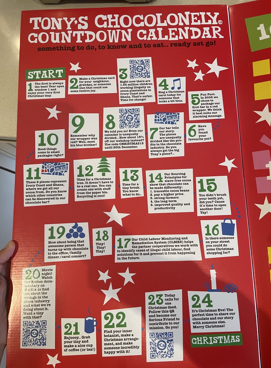 True to form ⁦<a href="/TonysChocoUK_IE/">Tony's Chocolonely UK & IRE</a>⁩ have not only created the tastiest advent calendar but include facts about their purpose and suggestions for acts of kindness at Xmas 👏🏼 👏🏼👏🏼