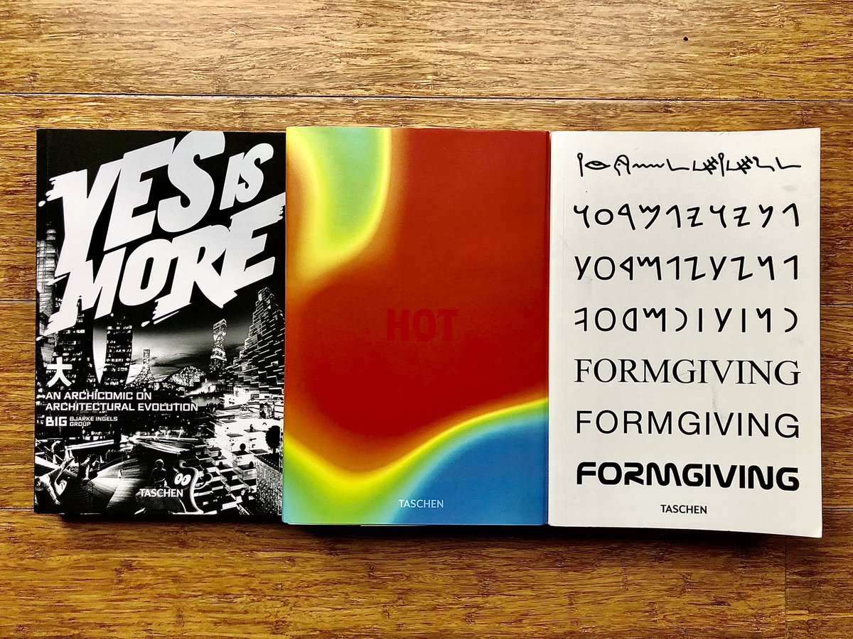 RIBAarchitect's tweet photo. Enjoying a few hours of weekend reading at home in near perfect silence as the world spins around outside.
#yesismore #hottocold #formgiving #architecture #design #books #quiet #bliss 
@BjarkeIngels @TASCHEN https://t.co/WqXt8UFVBA
