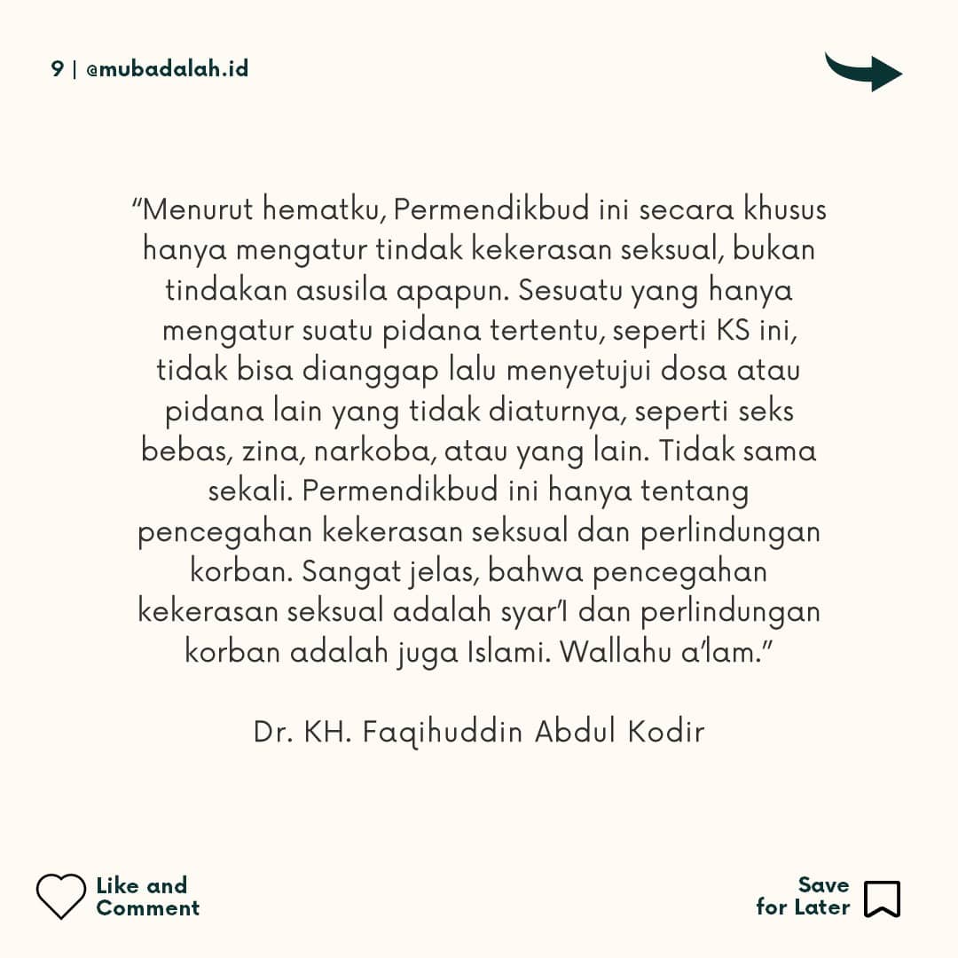 Ketakutan  frase “tanpa persetujuan korban” akan melegalkan zina adalah sama sekali tidak berdasar. 

Karena di lingkungan kampus juga sudah ada kode etik yang melarang segala tindakan asusila, di samping ada norma-norma agama, budaya, dan tentu saja ada KUHP.

#permendikbud