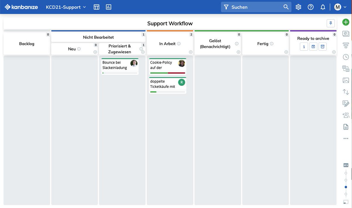 Übrigens: Natürlich organisieren wir den Support bei den #KCD21 mit einem Kanban-Board. Die Last ist noch niedrig, die Leadtimeprognose liegt mit 85% Wahrscheinlichkeit bei einem Tag oder weniger. Vielen Dank an’s Supportteam!