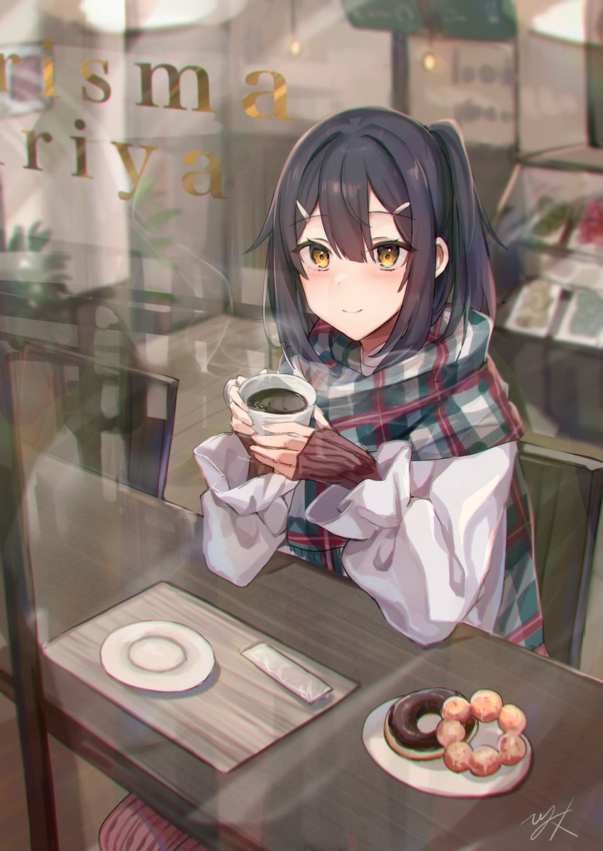 miyu edelfelt 1girl scarf solo black hair food cup sitting  illustration images