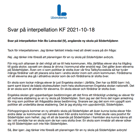 Liberalerna i Järfälla skriver ett svar på en interpellation angående IES etablering på Söderhöjden i Järfälla. De verkar tro att IES är en bra skola som har bra resultat. Vi behöver prata lite om detta, om IES förträfflighet alltså.