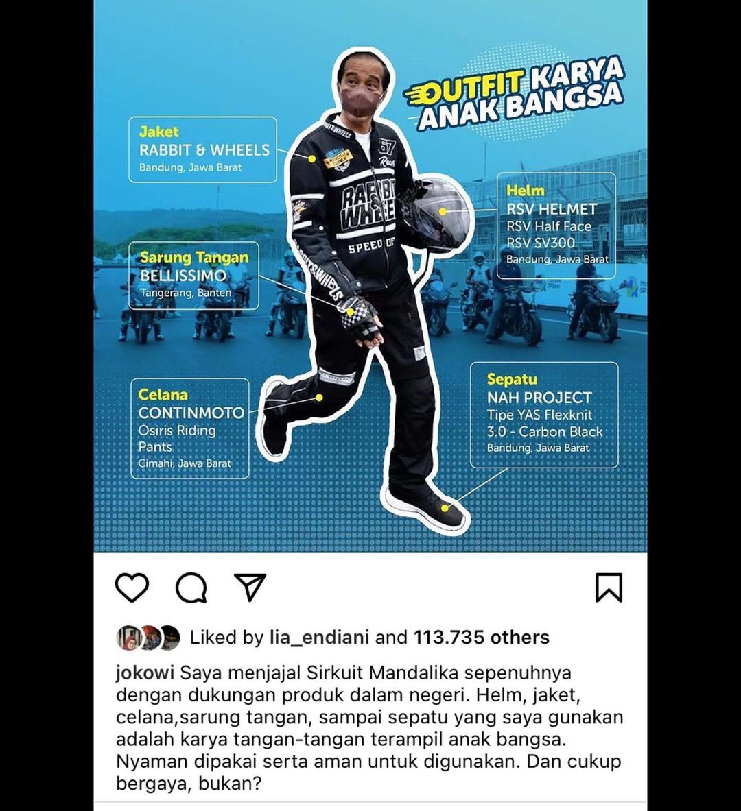 ridwankamil's tweet photo. PRODUK2 JABAR JUARA

4 dari 5 produk “outfit karya anak bangsa” yang melekat dipakai Presiden @jokowi saat memakai motor di peresmian Sirkuit Mandalika adalah produk kreatif Jawa Barat. Ayo para generasi muda Jabar, semangat berkreasi utk Jabar Juara yang membuat Indonesia Hebat. https://t.co/4mhy51uMrk