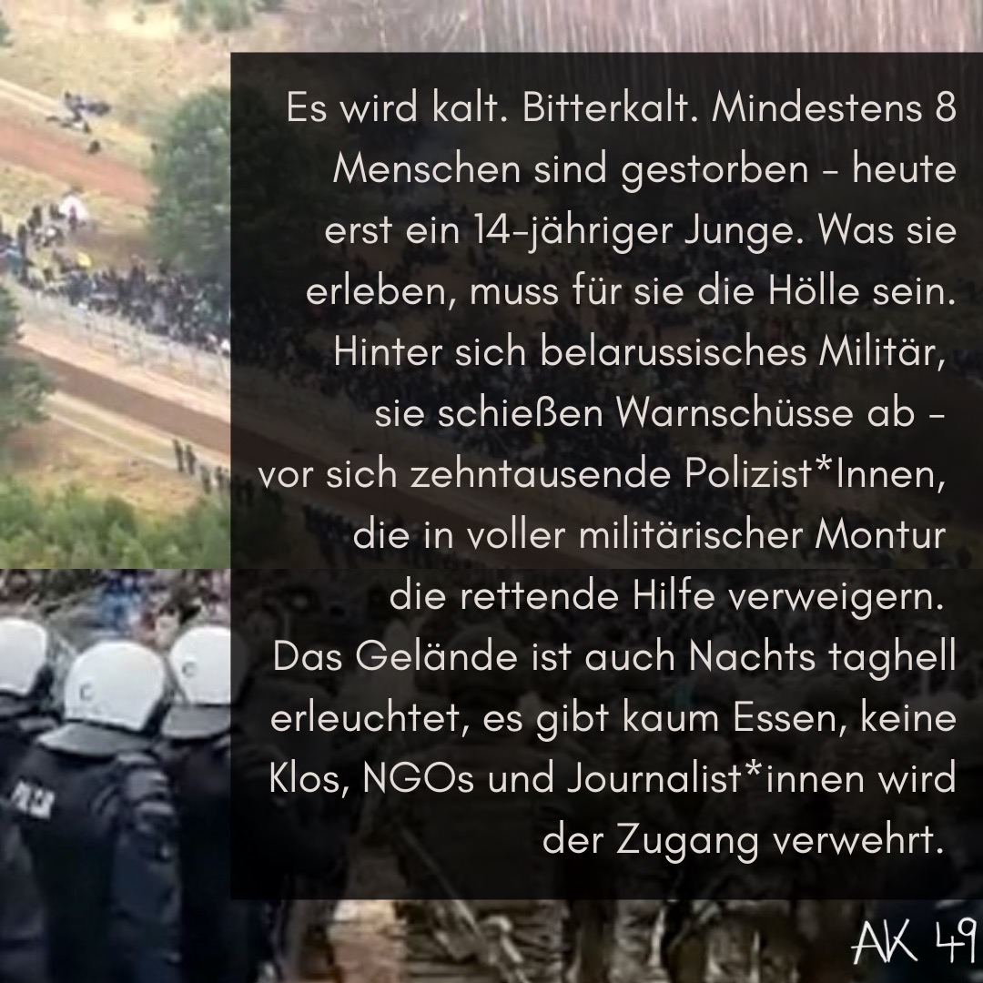 collective_49's tweet photo. Was passiert gerade an der EU-Außengrenze Polens? Unser Statement zur dramatischen Lage, Teil 1/2.
Spendet an @lnob2020 und @wirpackensan für humanitäre Hilfe vor Ort.
#jederpushbackistillegal #leavenoonebehind #eu #polen #belarus #refugees #refugeeswelcome https://t.co/cDAVkATCf4
