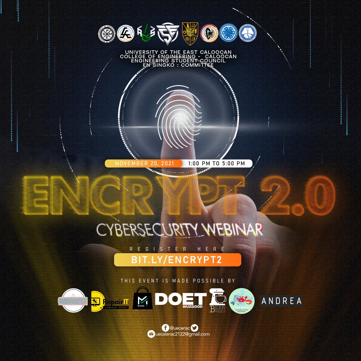 UECENSC's tweet photo. SeEN Zone Engineering Week | Encrypt 2.0: Cybersecurity Webinar 🧡

[Open to all EN Warriors!] 

Register now by visiting https://t.co/RqXVkZJf8B

#SeenZone #ENWeek 
#ENSC2122 #PadayonEN https://t.co/YYTBKx9iMS