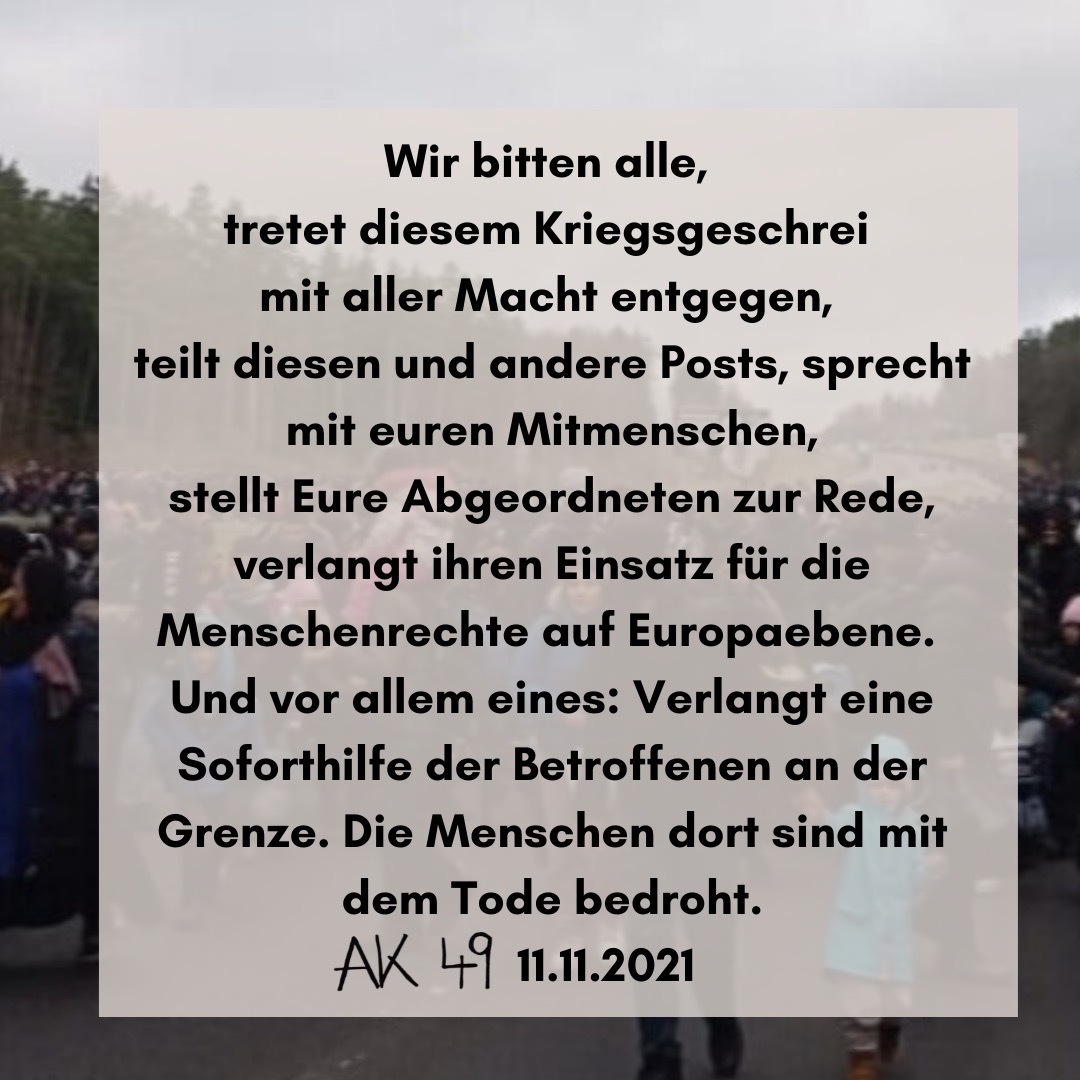 collective_49's tweet photo. Was passiert gerade an der EU-Außengrenze Polens? Unser Statement zur dramatischen Lage, Teil 2/2. Spendet an @lnob2020 und @wirpackensan für humanitäre Hilfe vor Ort.
#jederpushbackistillegal #leavenoonebehind #eu #polen #belarus #refugees #refugeeswelcome https://t.co/JsfA0ISdei