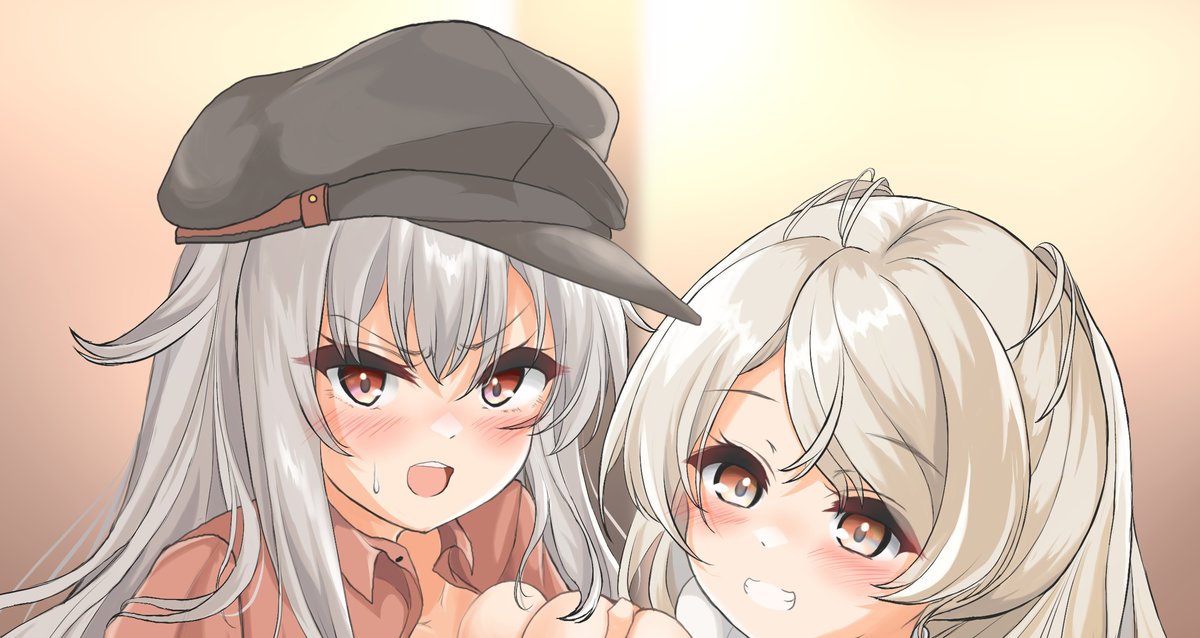 gangut (kancolle) multiple girls 2girls grey hair brown eyes long hair red shirt hat  illustration images