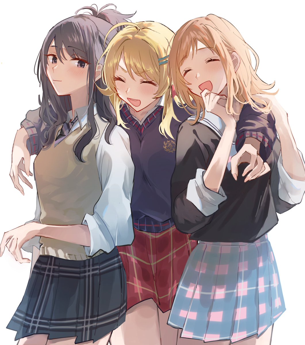 hachimiya meguru ,kazano hiori ,sakuragi mano 3girls multiple girls skirt closed eyes plaid skirt school uniform blonde hair  illustration images