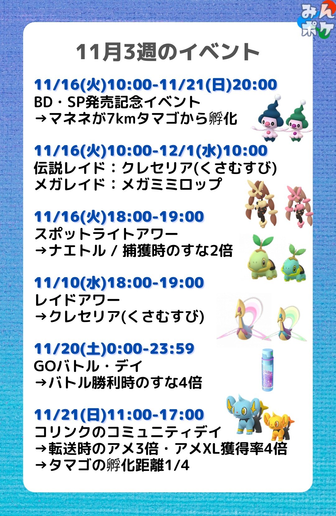 ポケモンgo攻略 みんポケ 11月3週のイベント予定 今週はbdsp発売記念イベントがスタート 7kmタマゴからはマネネが孵化するようになります 日曜にはコリンクのコミュニティデイも開催 T Co N13prvpobu ポケモンgo T Co