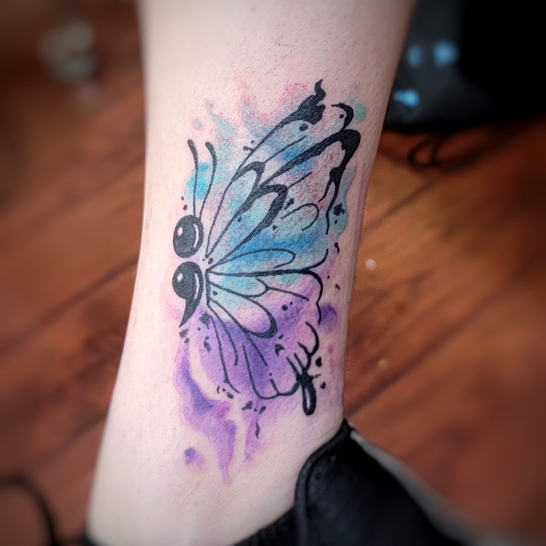 Semicolon Blue Watercolor Butterfly Tattoo