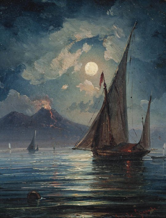 Ercole Gigante (1815-1860) Vessels before Vesuvius at night