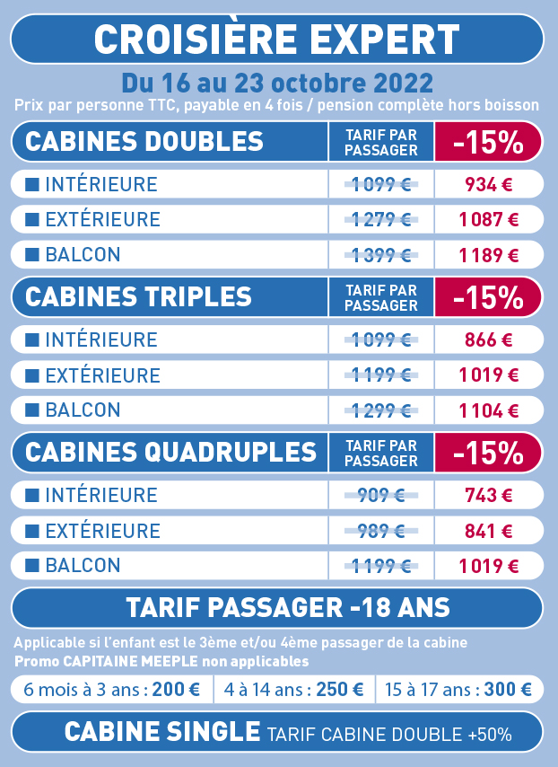 CapitaineMeeple's tweet photo. ‼️ ALERTE ‼️
⏰ Il ne vous reste que 15 jours pour profiter de l'offre de lancement -15% pour votre semaine de croisière ludique à la Toussaint 2022!
Le 1er décembre, il sera trop tard!
Réservation sur https://t.co/HKnkmJQCwg
#capitainemeeple #j2s #boardgames #croisieresludiques https://t.co/BY3Epjn9NV