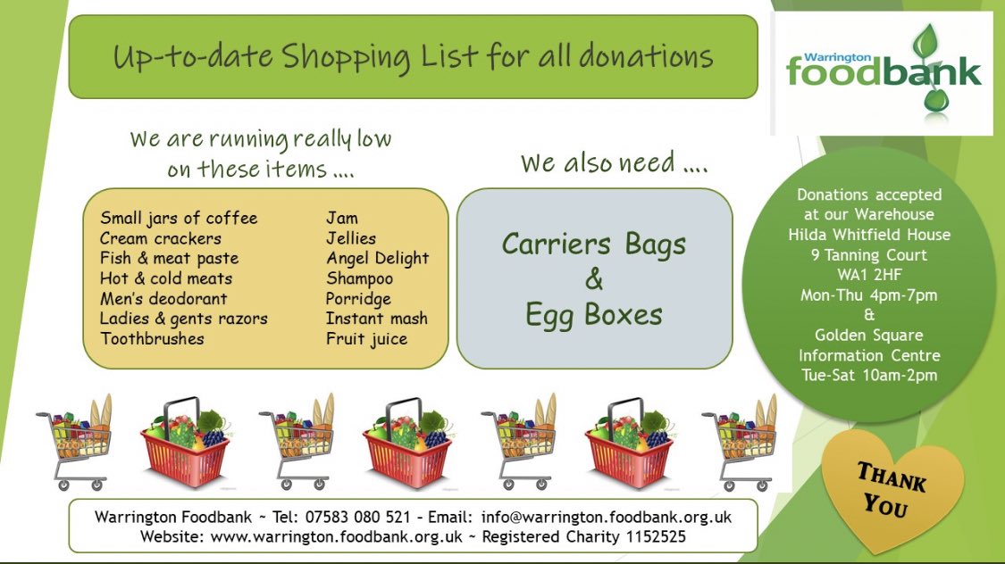 We’re short of many items at the Foodbank. We’ve lots of beans and pasta, but would appreciate donations of items on the list below 🙏 #foodbank #warrington #foodpoverty #community