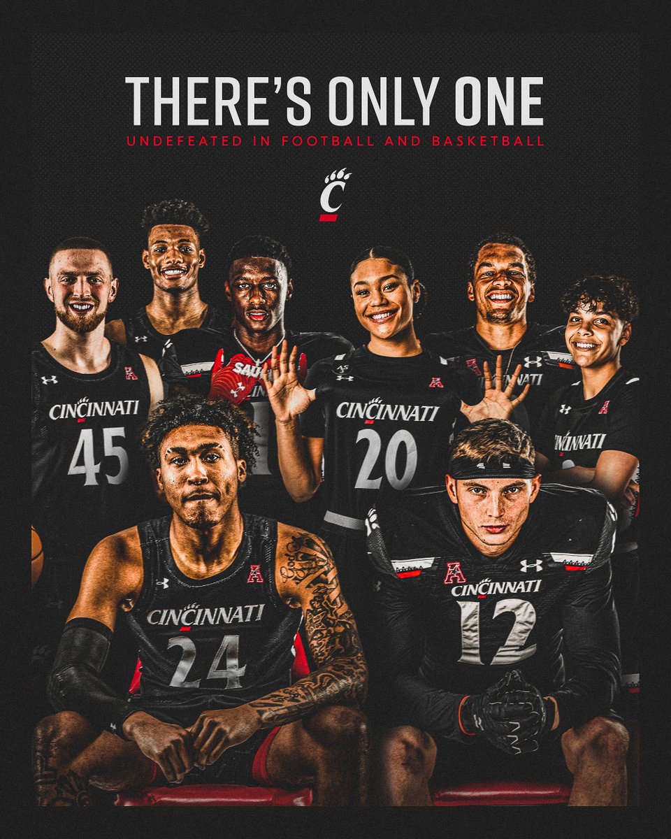 GoBEARCATS's tweet photo. With last night's hoops win over Georgia, Cincinnati is home to the only set of undefeated 🏈 and 🏀 programs in America. 😏 https://t.co/mi0aj2pige
