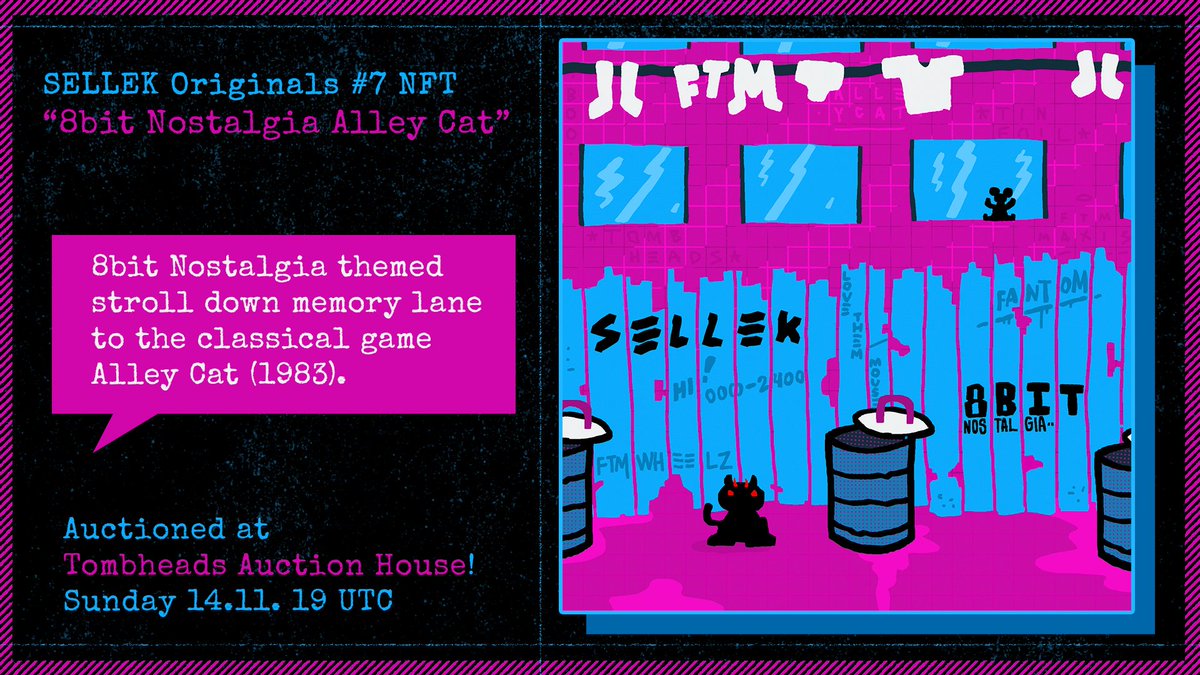 SellekArt's tweet photo. My NFT for tonight's auction piece is "8bit Nostalgia Alley Cat" - @tombheads auction house (19 UTC!)

The auction house is @8bitnostalgiart themed tonight and I did a tribute to one of my favorite 8bit games from way back when - ALLEY CAT!

#sellek #8bitnostalgia #alleycat #nft https://t.co/eQ67ajgy22