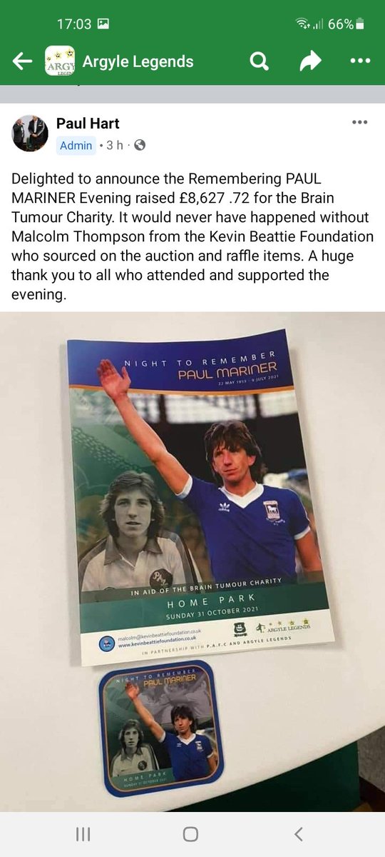 KevinBeattieFo1's tweet image. We are extremely proud to have raised an amazing amount of £8,627.72 for @BrainTumourOrg at our Night to Remember Paul Mariner..Thanks to @ArgyleLegends @Only1Argyle @homeparkstadium @MemoriesArgyle all the Plymouth former players &amp;amp; all those Argyle &amp;amp; Town fans who attended.💙💚
