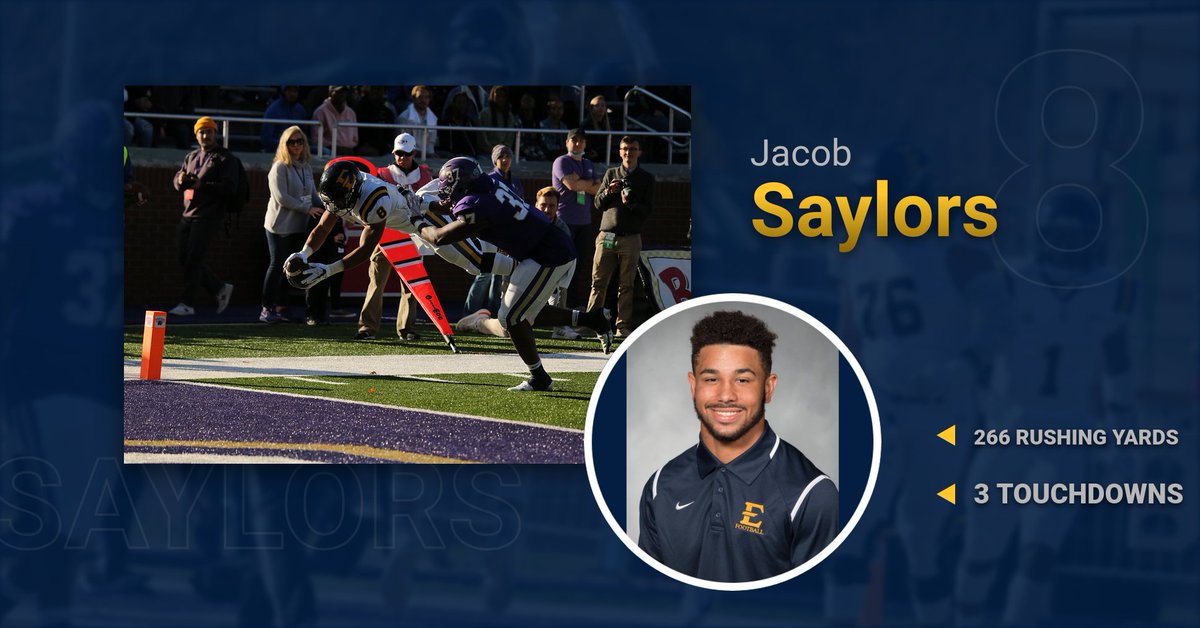 ETSUFootball's tweet photo. These two are on another LEVEL! @Saylors1k and @_HO11YWOOD_ are the first ETSU duo to each rush for 200 yards in a single game and first FCS duo since 2015 to do so!

#ETSUTough https://t.co/rf1Spo1g3N