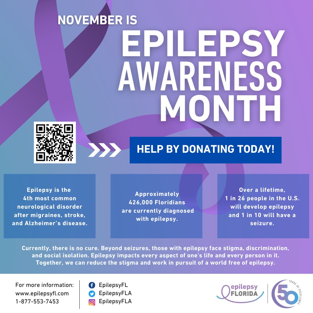 EpilepsyAFLA's tweet image. November is Epilepsy Awareness month.
Currently, there is no cure. Beyond seizures, those with epilepsy face stigma, discrimination, and social isolation.Together, we can reduce the stigma and work in pursuit of a world free of epilepsy.
#EpilepsyAwarenessMonth #EpilepsyFlorida