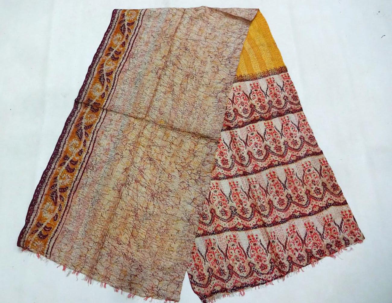 Silk Kantha Scarf Head Wrap Stole Dupatta Stitched Embroidered Scarf Veil Boho KK05