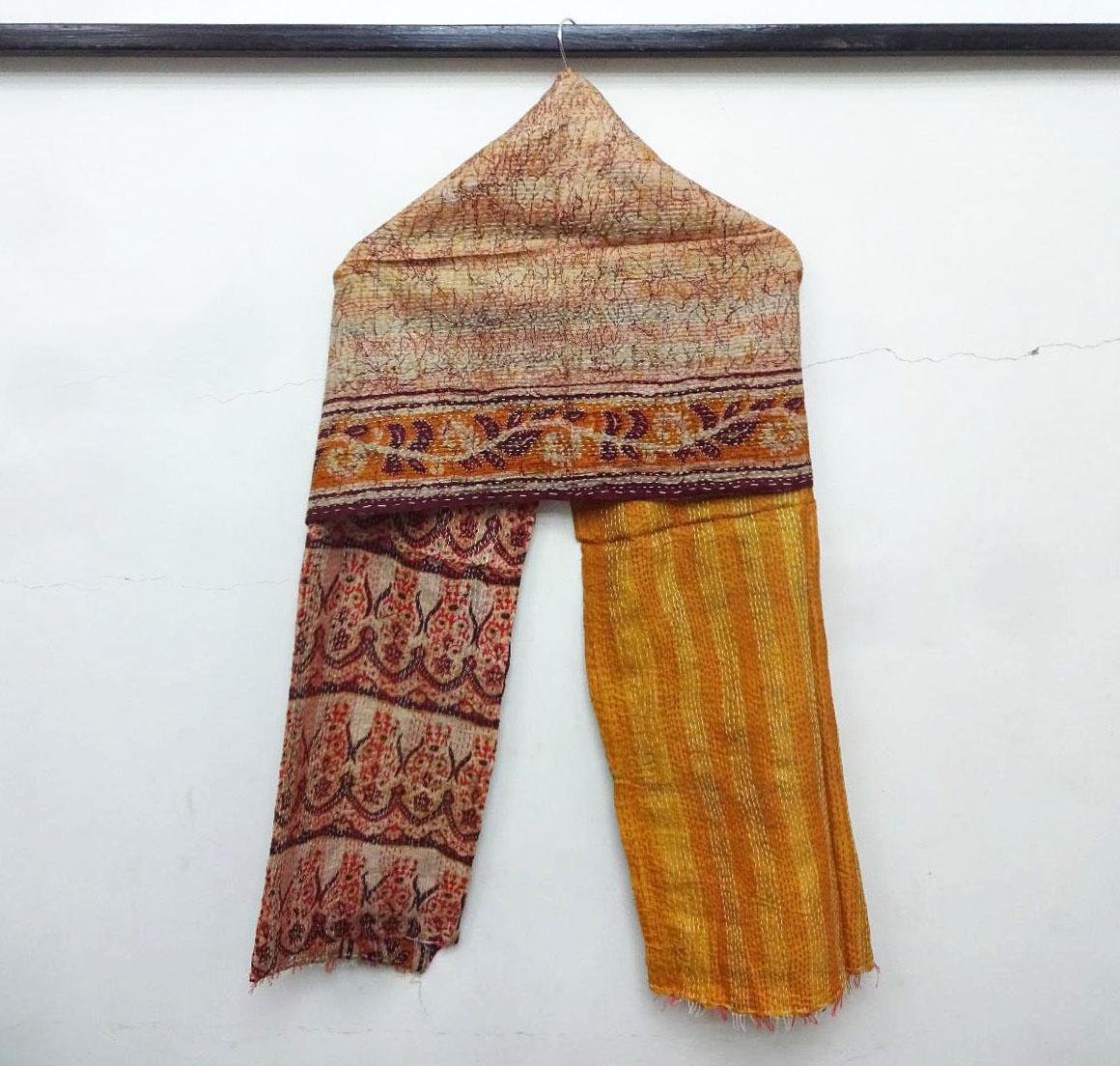 Silk Kantha Scarf Head Wrap Stole Dupatta Stitched Embroidered Scarf Veil Boho KK05