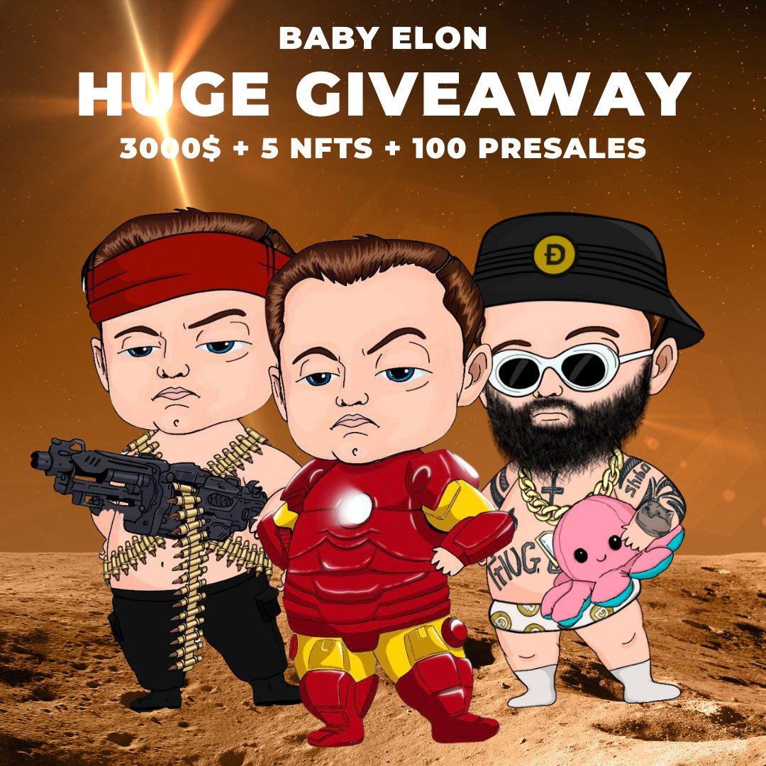 BabyFlokiNFT's tweet photo. To celebrate the project’s launch, we’re giving away Party popper:

🥇3000$
🥈5 NFTs
🥉100 PRESALES

To win one of prizes :
1️⃣Follow our account @BabyElonNFT
2️⃣RT this post
3️⃣Join our discord and verify yourself

https://t.co/7cSzzc2whw https://t.co/bgS4pGIFzN