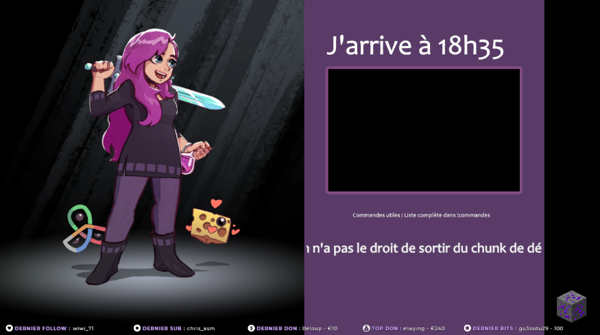 KrysaliaH's tweet image. Je suis en #stream pour le défi #onechunk qui s'est fini temporairement hier d'une façon épique après des combats de folie pendant 5 heures :D. venez m'encourager pendant que je découvre la seconde forteresse ! 
twitch.tv/krysaliah 
(image de l'overlay : @Beloup_Art)