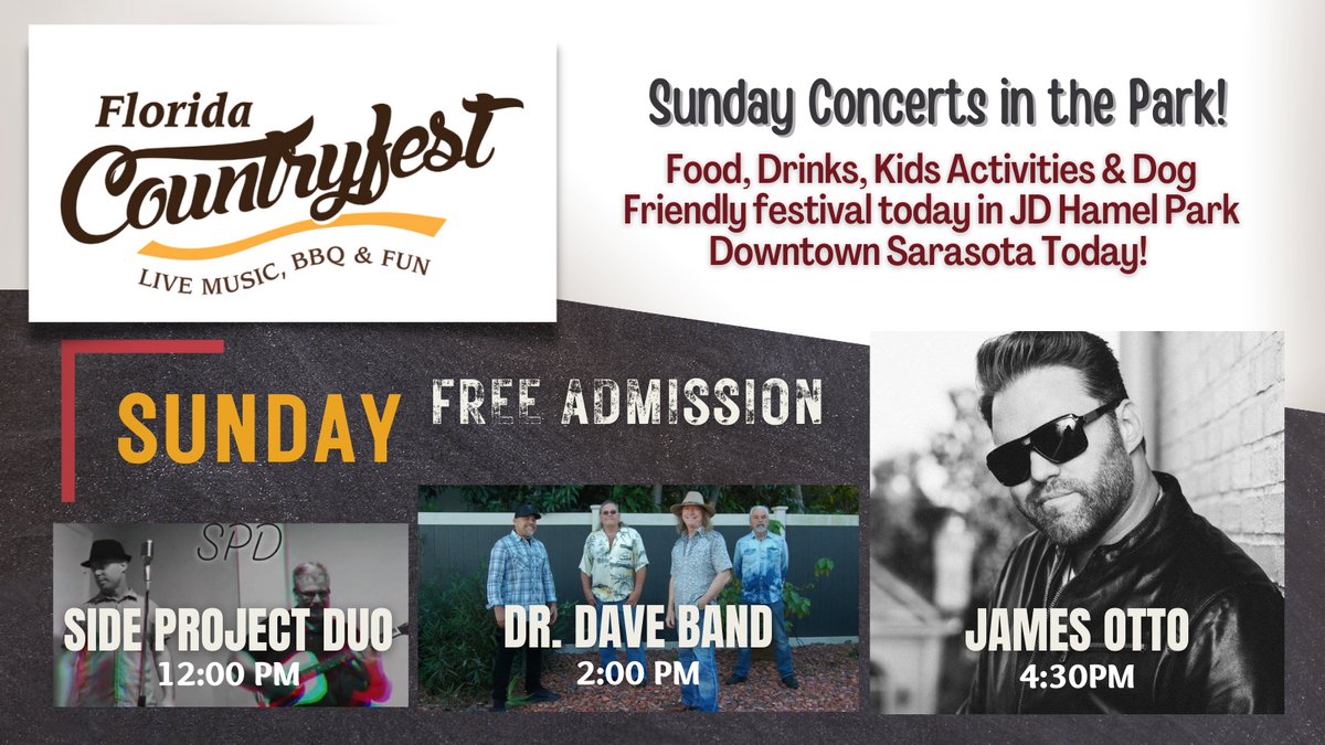 Are you on your way⁉️ Today is the last day to experience Florida Countryfest 2021!!  Join us in JD Hamel Park 🌴 Downtown Sarasota 🙌 Come for lunch and stay for dinner while enjoying the BEST live music around!!

Admission is free!  Florida Countryfest 2021 runs today from...