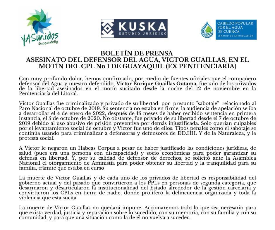 Que tristeza tan grande ante la pérdida de #VictorGuaillas luchador y defensor del agua!