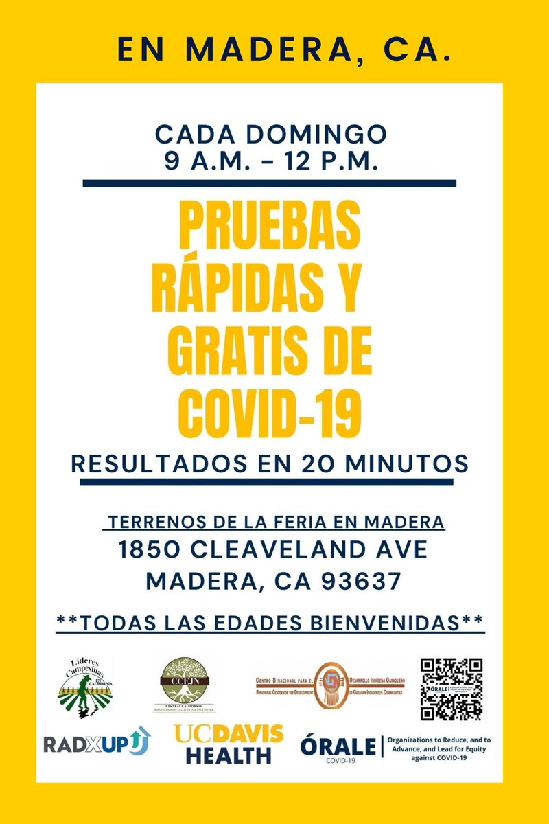 Hasta la 1 PM pruebas gratis y rápidas de #Covid_19 en la feria de Madera. Sin cita ni ID, y para todas las edades. #covidtesting <a href="/radiobilingue/">Radio Bilingue</a> <a href="/CCEJN/">CCEJN</a> @CBDIOFRESNO <a href="/CADomesticWrker/">CADomesticWorker</a> <a href="/LCampesinas/">Líderes Campesinas (Women Farmworker Leaders)</a> <a href="/MaderaDPH/">MaderaCountyPublicHealth</a>