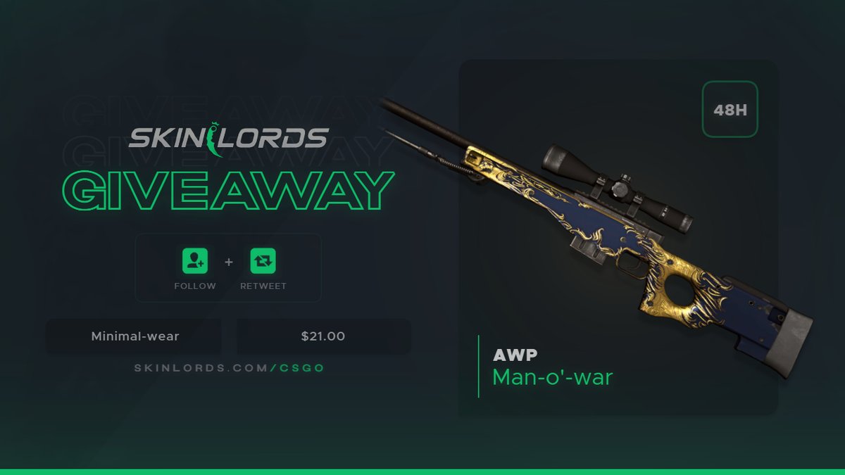 SkinLords's tweet photo. AWP | Man-o'-war 🔥 48H CSGO Skin Giveaway!

✅To enter:
- Visit https://t.co/dzY4JIau6k
- Retweet and Follow
- Tag a friend

Ends in two days! Best of luck! #skinlords #giveaway https://t.co/hho1f2tXhy