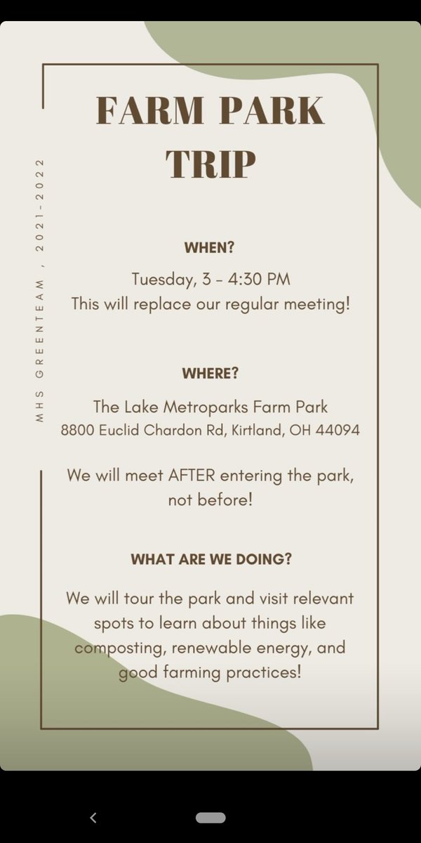 MHS_GreenTeam's tweet photo. Our next in-person event will be at the Lake Metroparks Farmpark on November 16th from 3:00 - 4:30PM. Here are the details. 
We hope to see you there! 🐮🦃 https://t.co/Rytq3Wk8OI