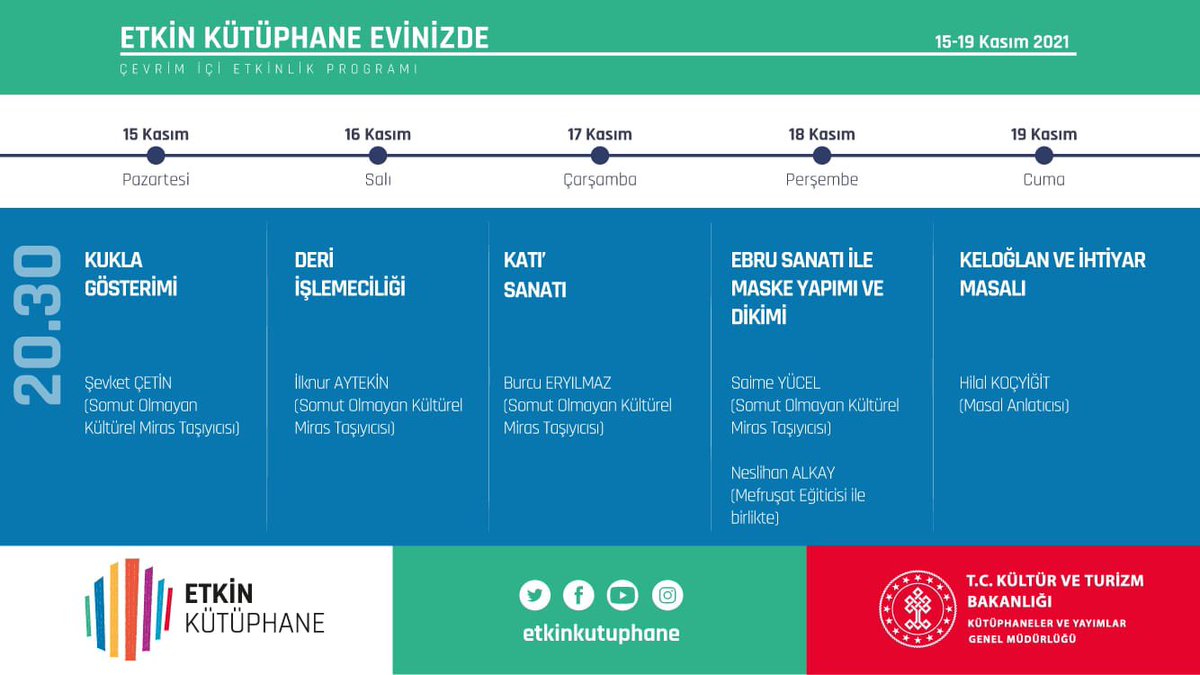 “Etkin Kütüphane Evinizde” uygulamamızın bu hafta sizinle buluşacak olan programları...

<a href="/etkinkutuphane/">Etkin Kütüphane</a> 
<a href="/KTBKYGM/">KYGM</a>