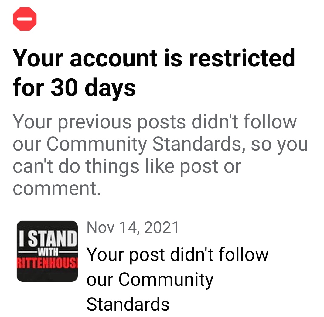 todd_marland's tweet photo. This is what happens on FB if you support Kyle Rittenhouse...GESTAPO
#fckmeta https://t.co/0fMJd7bx12