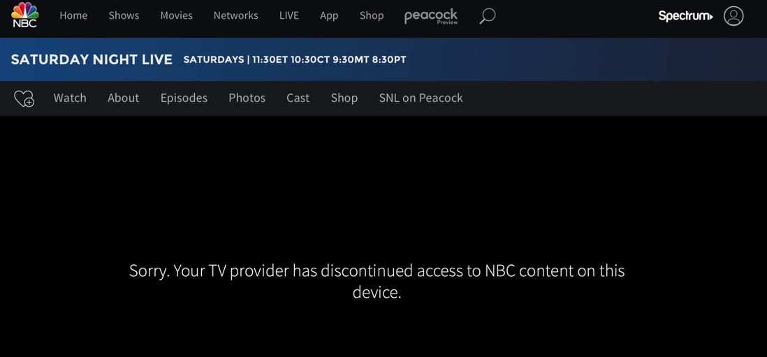 Monica__Q's tweet photo. @GetSpectrum why are you so salty at @nbcsnl for their sketch last episode that you discontinued access to @nbc content? #Lame #CantTakeAJoke #IWantToWatchSNL https://t.co/bB98zlgYNU