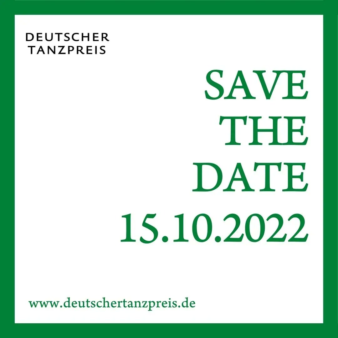 Jetzt schon mal im noch leeren Kalender für nächstes Jahr den Termin für den nächsten Deutschen Tanzpreis notieren: 15.10.2022. Wir freuen uns auf Euch!
@TUP <a href="/bundeskultur/">BKM Kultur & Medien</a>
#deutschertanzpreis #dachverbandtanzdeutschland #dtd #TUP #tanzpreis22  #dance #barrierefreiposten