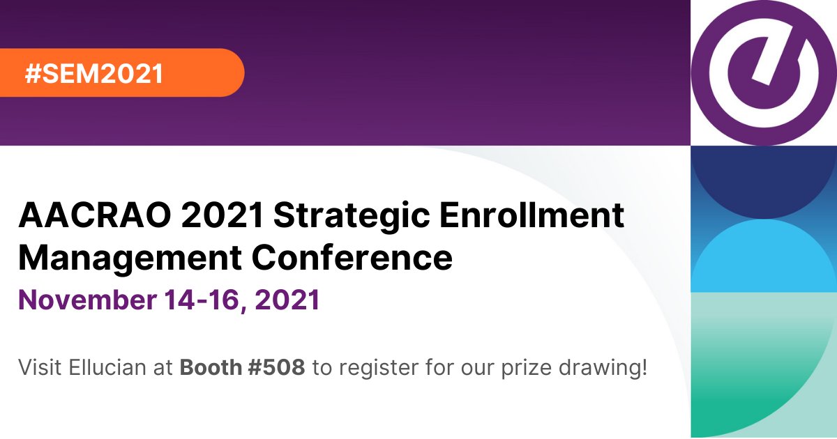 EllucianInc's tweet photo. We're excited to be a part of #SEM21! Visit Ellucian at Booth #508 to learn how SaaS tech can help attract and engage the right mix of students for your institution. https://t.co/uLrRmSXT24 #highered #recruiting @AACRAO https://t.co/Hu7iVvdwXN