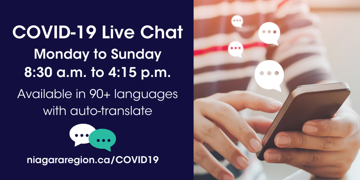NRPublicHealth's tweet photo. Do you have COVID-19 vaccination questions? Our online chat is available every day from 8:30 a.m. to 4:15 p.m. and is accessible in 90 different languages with auto-translate.

COVID-19 Live Chat: https://t.co/jYZuqh23E1

#VaccinateNiagara https://t.co/dEWXmJeSuj