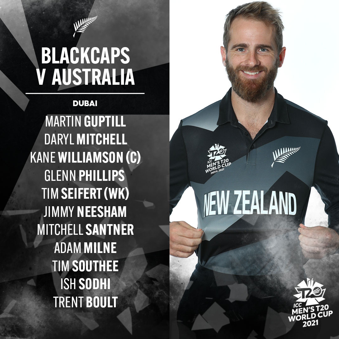 BLACKCAPS's tweet photo. With the bat first in the @T20WorldCup Final after a toss win for Aaron Finch who opts to have Australia bowl first in Dubai. Tim Seifert in for Devon Conway. #T20WorldCupFinal https://t.co/9Brz0wMXFh