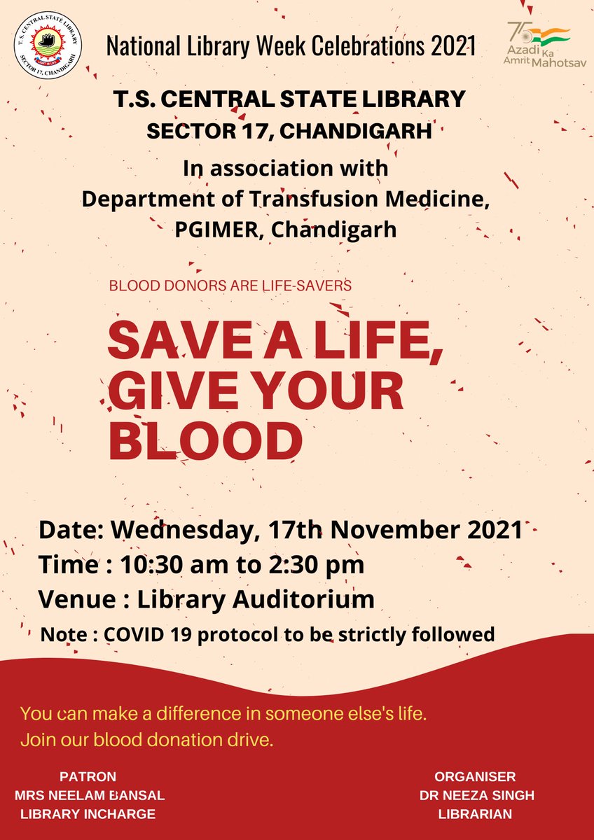 neeza_singh's tweet photo. Organising Blood Donation Camp at T.S. Central State Library on 17th November @chd_htbc @AwesomeChd @nagarkoti @ankita_passi @ChandigarhSafe @chandigarhjosh @mohitgupta1962 @TaruniGandhi @HinaRohtaki @ash_niv @RJMeenakshi1 @ShatabdiShalee #NationalLibraryWeek2021 https://t.co/Bcgv8Alujc