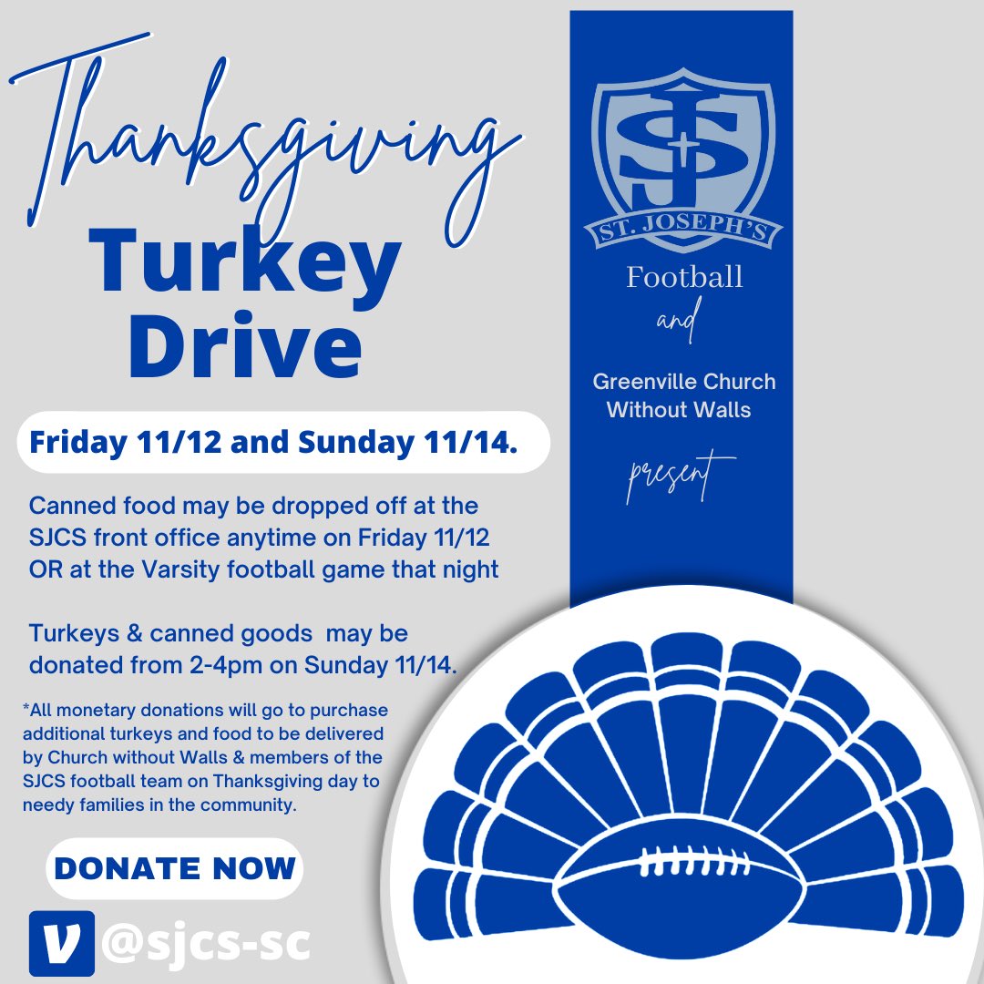 We’ll be taking canned food and frozen Turkey donations today <a href="/SJCS_Greenville/">St. Joseph's Catholic School</a> in the HS Gym lot from 2-4pm. If you can’t make it, please donate through today on Venmo @sjcs-sc. All food &amp; monetary donations are going to feed the needy in Greenville on Thanksgiving morning