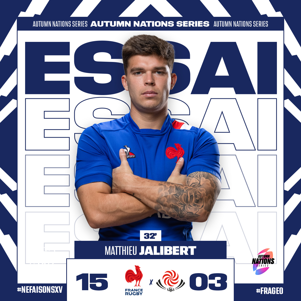 FranceRugby's tweet photo. 🇫🇷🇬🇪 Le premier essai international de @MattJalibert, ici à Bordeaux ! La belle histoire ! ❤️
#FRAGEO #XVdeFrance #NeFaisonsXV https://t.co/feKBeEGFwI
