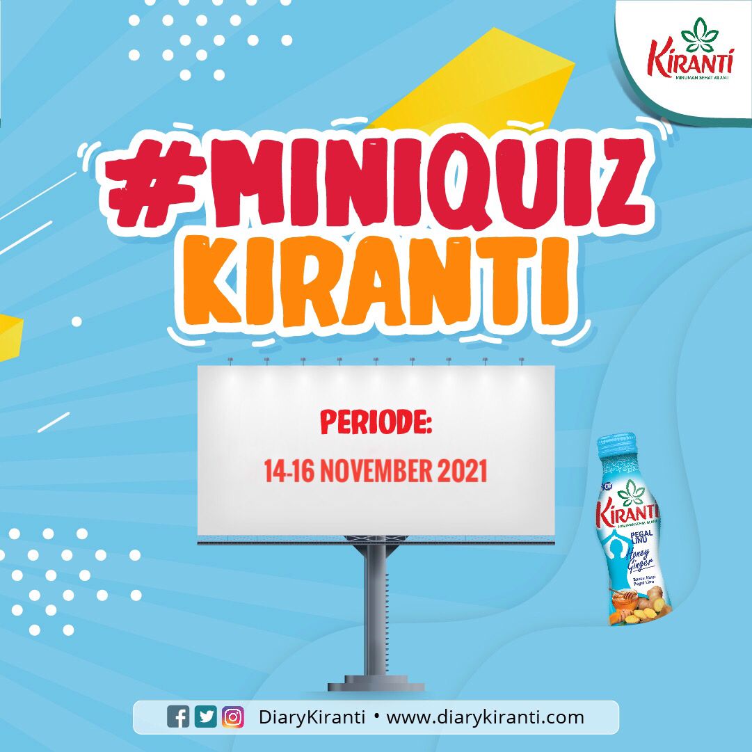 Ladies, ikutan #GiveawayKiranti Periode: 14 - 16 November 2021 yuk!. :)
Caranya:
1. Like and follow @diarykiranti
2. Jawab pertanyaan pada gambar
3. Likes 5 post @diarykiranti
4. Tag 5 sahabat kamu dan ajak untuk ikutan
5. Sertakan #GiveawayKiranti dan #MiniQuizKiranti