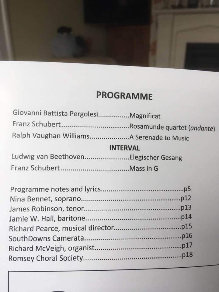 My mother was at a concert at Romsey Abbey last night and she showed a photo of the programme of the performance and there was a little name on there I recognised, <a href="/JWHallBaritone/">Jamie Mackenzie-Hall</a> One of those small world moments. Apparently the concert was excellent. Not surprised at all.
