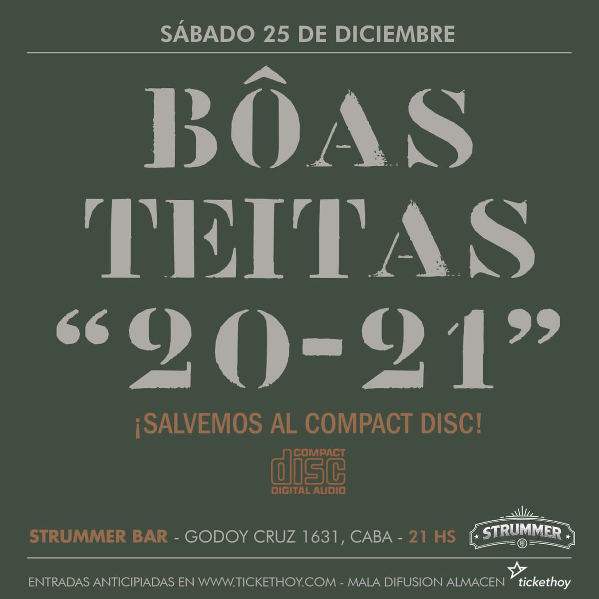 BOASTEITAS's tweet photo. Sábado 25/12 EN VIVO
@StrummerBar 21hs
Entradas por @TicketHoy 
#bôasteitas #salvemosalcd https://t.co/fHqWy86aO9