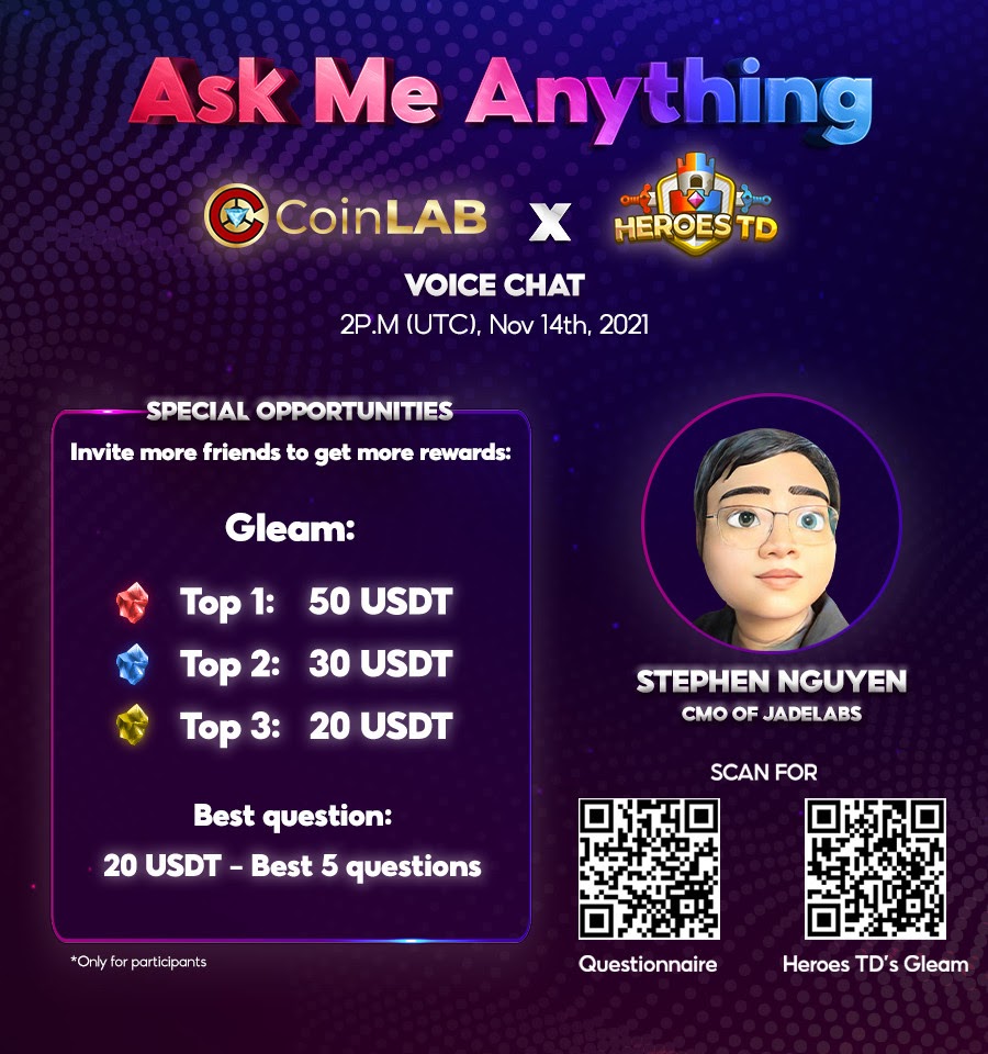 Join our AMA with CoinLAB at 9 PM (GMT +7) - November 14, 2021.
✨ Gleam:  gleam.io/I74Ch/ama-and-…

🏆🏆🏆 Participate at: dapp.heroestd.io/bounty
✅ Get an IDO slot on Discord: discord.gg/heroestd
#heroestd #nftgame #coinlab