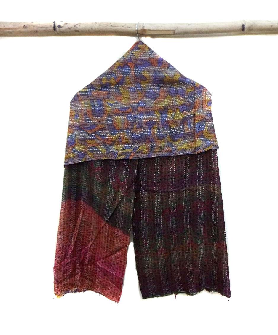 Silk Scarf Neck Wrap Stole veil Kantha Embroidered Scarf Veil Boho Scarves KI15