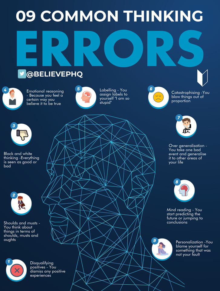 BelievePHQ's tweet photo. 09 Common thinking errors.
https://t.co/pUjPu6Q6J9
#mentalhealth #mentalhealthawareness #mentalhealthawareness #wellbeing #mindfulness #thinkingerrors https://t.co/radNWVHz97